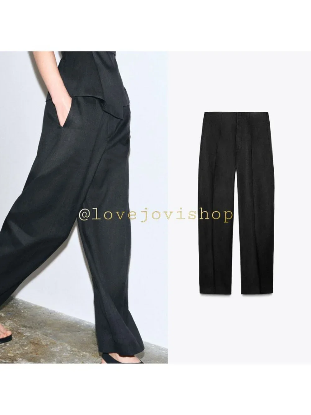 Minimalist | ZARA Linen Pleated Wide Leg Pants | Black Summer Breathable NWT | S